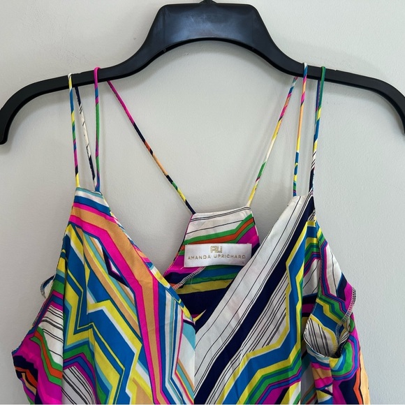 Amanda Uprichard Geometric Rainbow Striped Silk Midi Dress, L - Picture 3 of 8